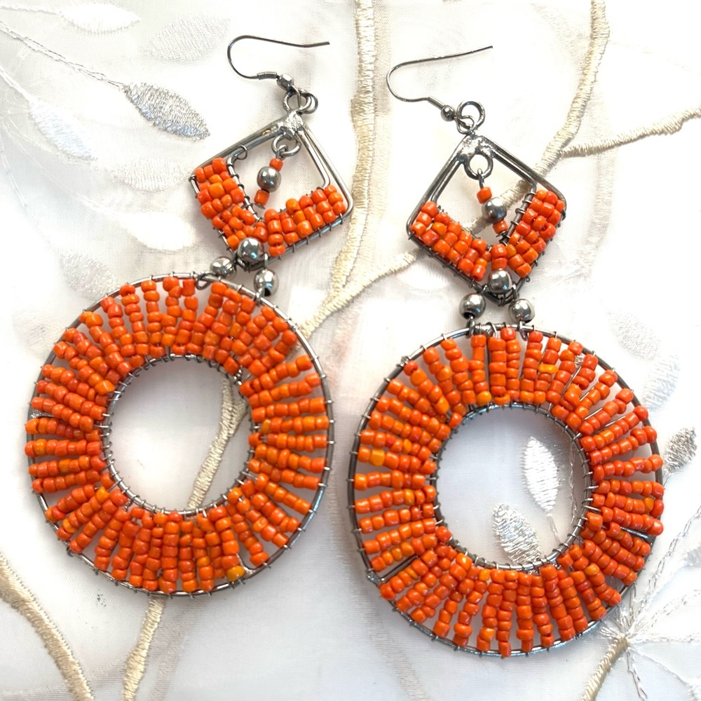 HANDMADE TANGERINE BEADED DANGLE EARRINGS